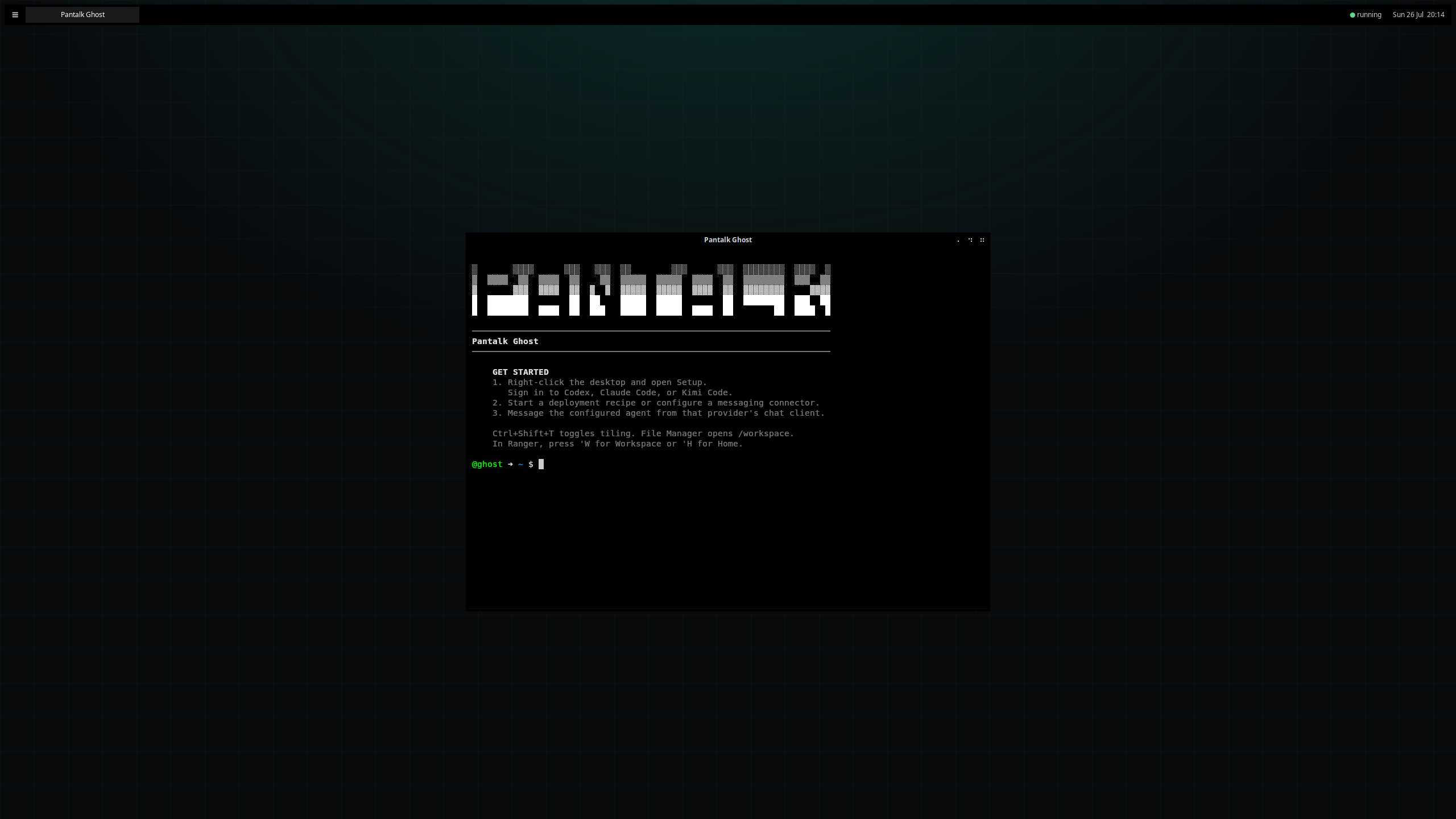Pantalk Ghost running in a browser: a persistent Linux agent computer for Codex, Claude Code, Goose, and other harnesses